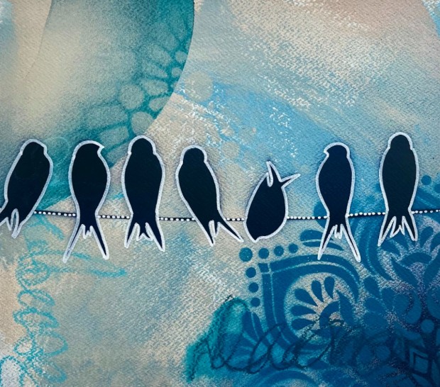 Birds on a wire Blue by Lynette Orzlowski